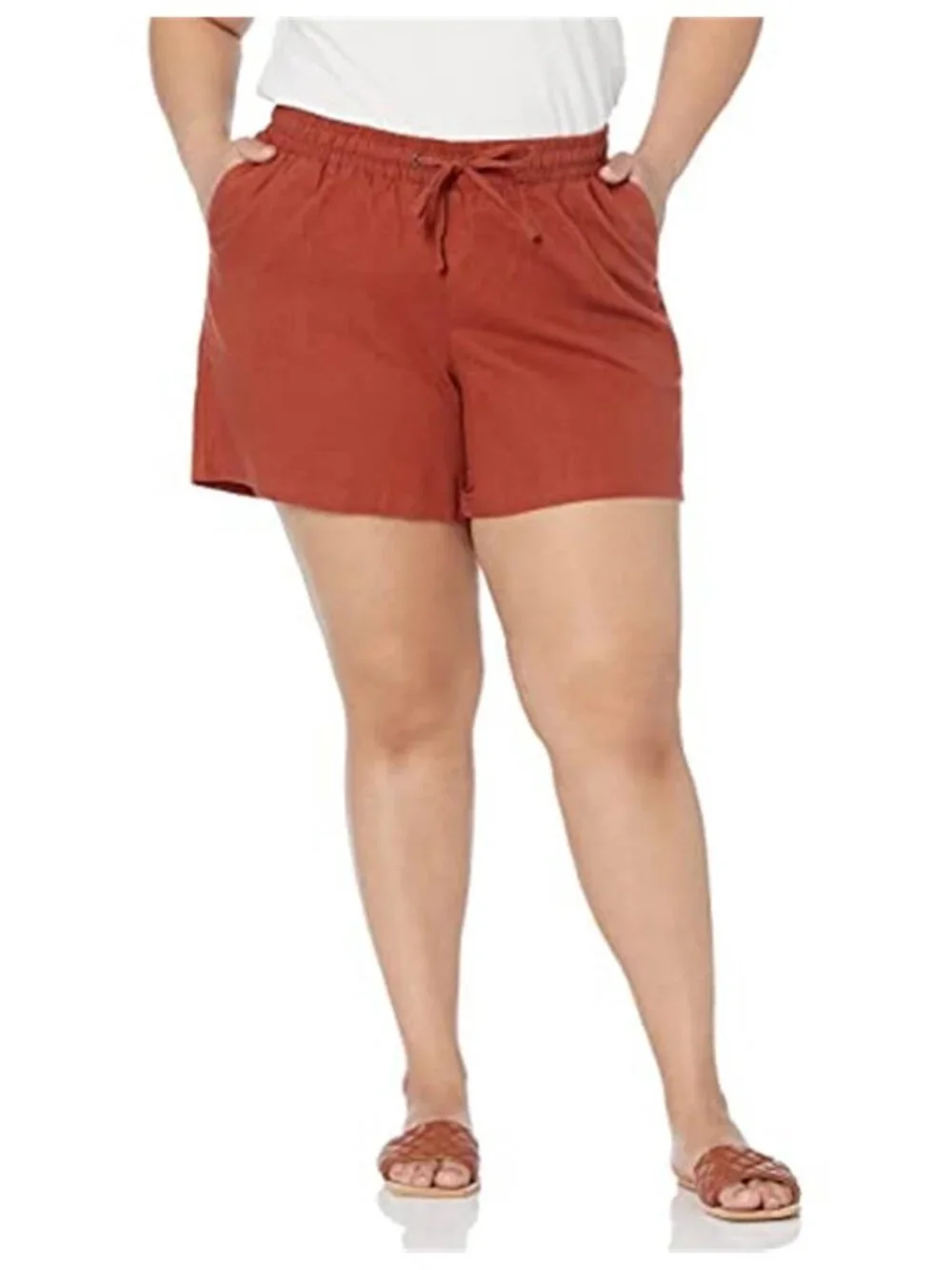 Womens Linen Blend Shorts Drawstring Elastic Waist Terracotta Summer Casual 5in